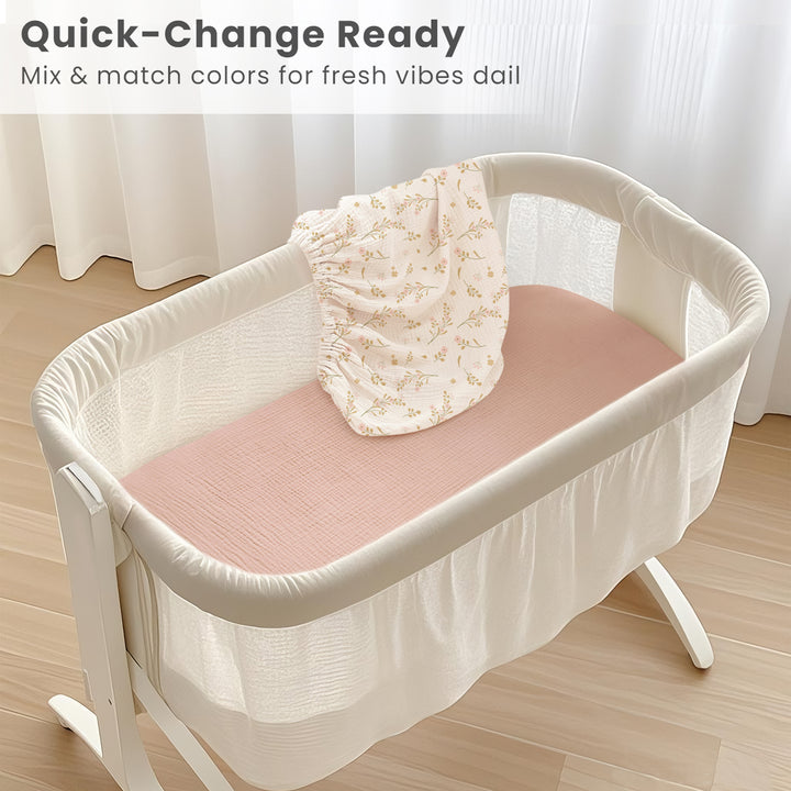 Konssy Muslin Fitted Bassinet Sheets 2 Pack for Baby Girl Boy, Soft Bedside Sleeper Bassinet Sheets Fit for Baby Bassinets, Moses Basket Oval Rectangle Pad/Mattress