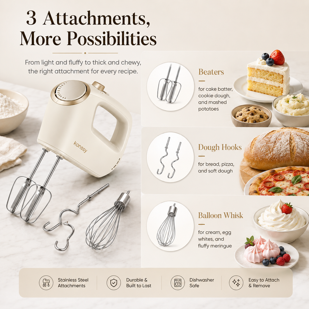Konssy Electric Hand Mixer, 5-Speed Handheld Kitchen Mixer with Turbo Boost