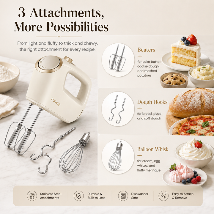 Konssy Electric Hand Mixer, 5-Speed Handheld Kitchen Mixer with Turbo Boost