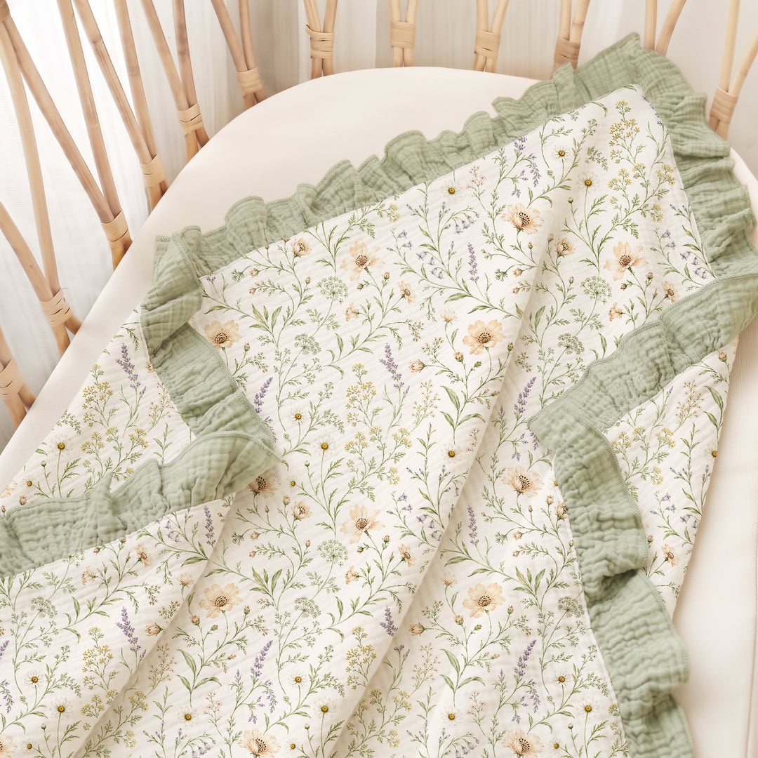 Konssy 100% Cotton Muslin Baby Blanket with Ruffle Trim for Girls, 43"x39" Reversible Design, Ultra Soft & Lightweight, for Swaddling, Crib, Stroller & Nursery Use, from Newborn to Toddler