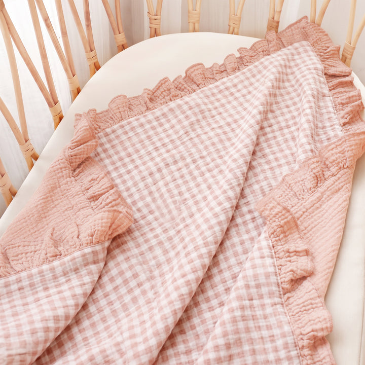 Konssy 100% Cotton Muslin Baby Blanket with Ruffle Trim for Girls, 43"x39" Reversible Design, Ultra Soft & Lightweight, for Swaddling, Crib, Stroller & Nursery Use, from Newborn to Toddler