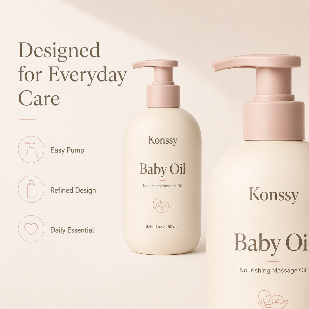 Konssy Baby Oil for Moisturizing and Massage, Lightweight Nourishing Massage Oil with Easy Pump, Daily Baby Skin Care Oil