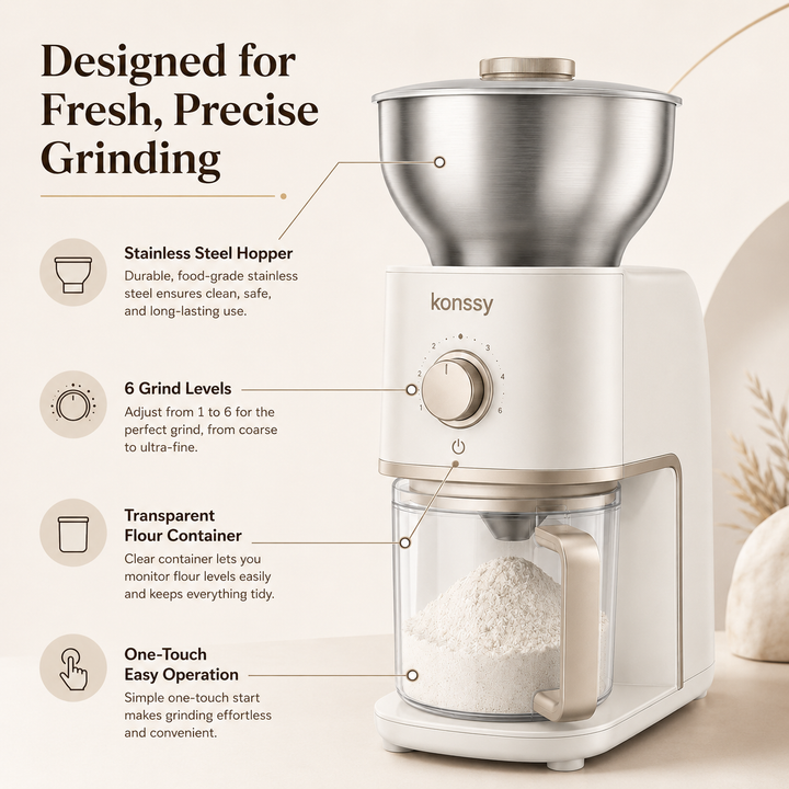 Konssy Electric Grain Mill Grinder, 6-Level Adjustable Flour Mill with Stainless Steel Hopper