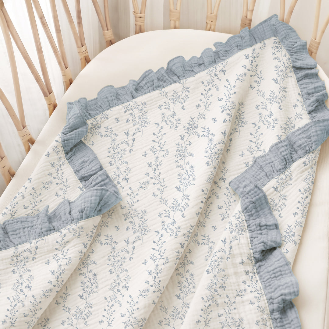 Konssy 100% Cotton Muslin Baby Blanket with Ruffle Trim for Girls, 43"x39" Reversible Design, Ultra Soft & Lightweight, for Swaddling, Crib, Stroller & Nursery Use, from Newborn to Toddler