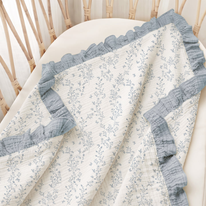 Konssy 100% Cotton Muslin Baby Blanket with Ruffle Trim for Girls, 43"x39" Reversible Design, Ultra Soft & Lightweight, for Swaddling, Crib, Stroller & Nursery Use, from Newborn to Toddler