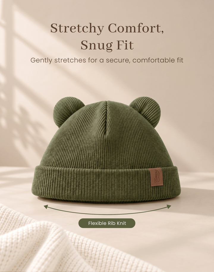Konssy 4 Pack Baby Beanie with Bear Ear Warm Winter Hat for Newborn Infant Cozy Double-Layer Knitted Warm Cap, Extra-Soft Stretch Beanies, Multicolor Set, Baby Winter Hat for Boys and Girls 0-6 Months