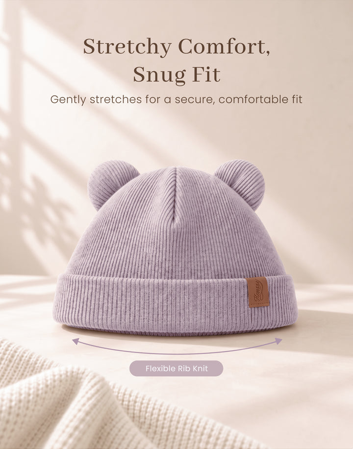 Konssy 4 Pack Baby Beanie with Bear Ear Warm Winter Hat for Newborn Infant Cozy Double-Layer Knitted Warm Cap, Extra-Soft Stretch Beanies, Multicolor Set, Baby Winter Hat for Boys and Girls 0-6 Months
