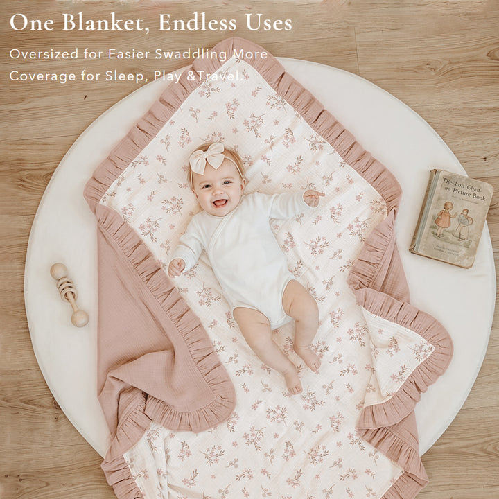 Konssy Flounce Muslin Baby Blanket for Girls Boys 47 x 47 Inches, 100% Cotton Soft Crib Swaddle Blankets, Reversible & Breathable Nursery Bedding for Newborns Toddlers(Petal Dream)