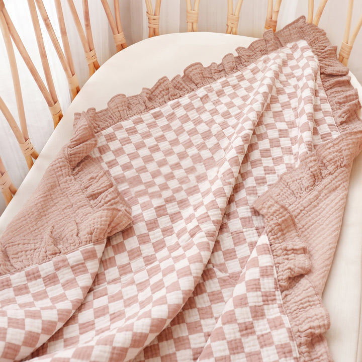 Konssy 100% Cotton Muslin Baby Blanket with Ruffle Trim for Girls, 43"x39" Reversible Design, Ultra Soft & Lightweight, for Swaddling, Crib, Stroller & Nursery Use, from Newborn to Toddler