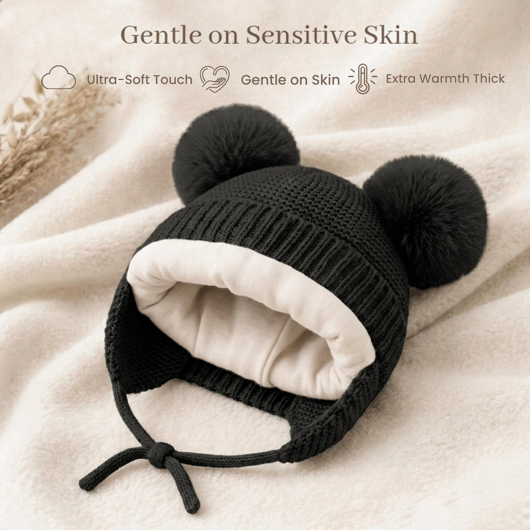 Konssy 2 Pack Baby Beanie Hat with Ear Flaps, Newborn Winter Hat 0-6 Months/60% Soft Cotton Lining to Help Retain Warmth, Secure Tie Closure, Comfy Double Pom-Pom Knit Winter Hat for Baby Boys Girls