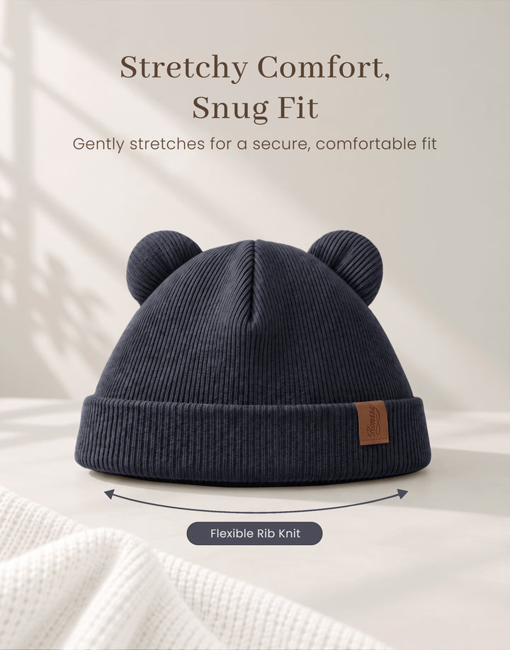 Konssy 4 Pack Baby Beanie with Bear Ear Warm Winter Hat for Newborn Infant Cozy Double-Layer Knitted Warm Cap, Extra-Soft Stretch Beanies, Multicolor Set, Baby Winter Hat for Boys and Girls 0-6 Months