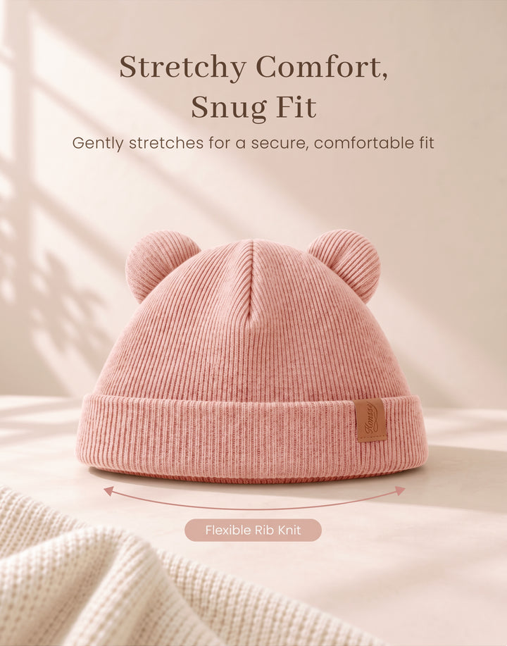 Konssy 4 Pack Baby Beanie with Bear Ear Warm Winter Hat for Newborn Infant Cozy Double-Layer Knitted Warm Cap, Extra-Soft Stretch Beanies, Multicolor Set, Baby Winter Hat for Boys and Girls 0-6 Months