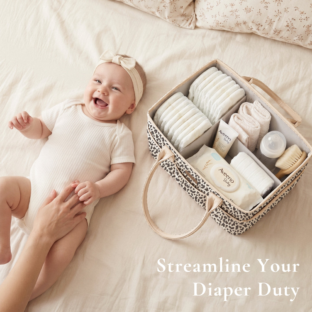 Konssy Quilted Diaper Caddy Organizer, Diaper Caddy Basket with Vegan Leather Handles, Water-Repellent Nursery Storage Basket, Portable Car Organizer, Registry Search Must Haves