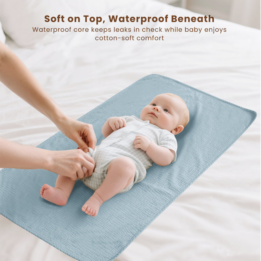 Konssy 2 Pack Waterproof Muslin Cotton Portable Changing Pad 30"x 17", Soft & Foldable Baby Changing Mat Travel Pad with Terry Backing, Shower Gift for Newborn Girls Boys