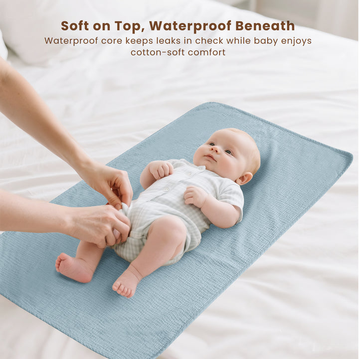 Konssy 2 Pack Waterproof Muslin Cotton Portable Changing Pad 30"x 17", Soft & Foldable Baby Changing Mat Travel Pad with Terry Backing, Shower Gift for Newborn Girls Boys