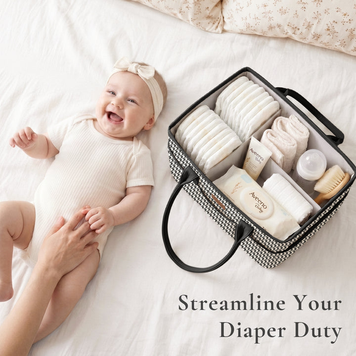 Konssy Quilted Diaper Caddy Organizer, Diaper Caddy Basket with Vegan Leather Handles, Water-Repellent Nursery Storage Basket, Portable Car Organizer, Registry Search Must Haves