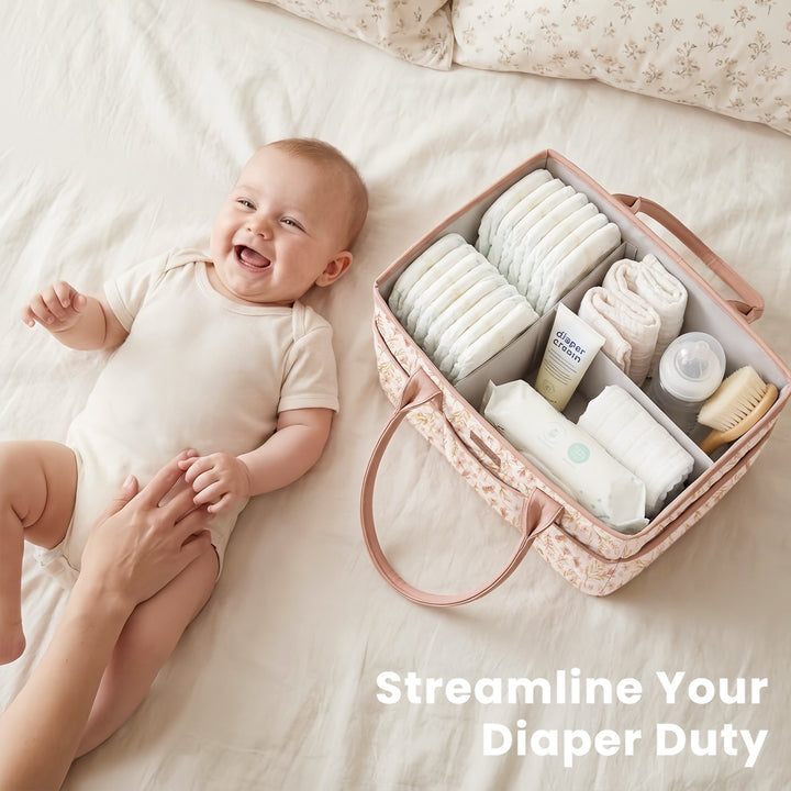 Konssy Quilted Diaper Caddy Organizer, Diaper Caddy Basket with Vegan Leather Handles, Water-Repellent Nursery Storage Basket, Portable Car Organizer, Registry Search Must Haves