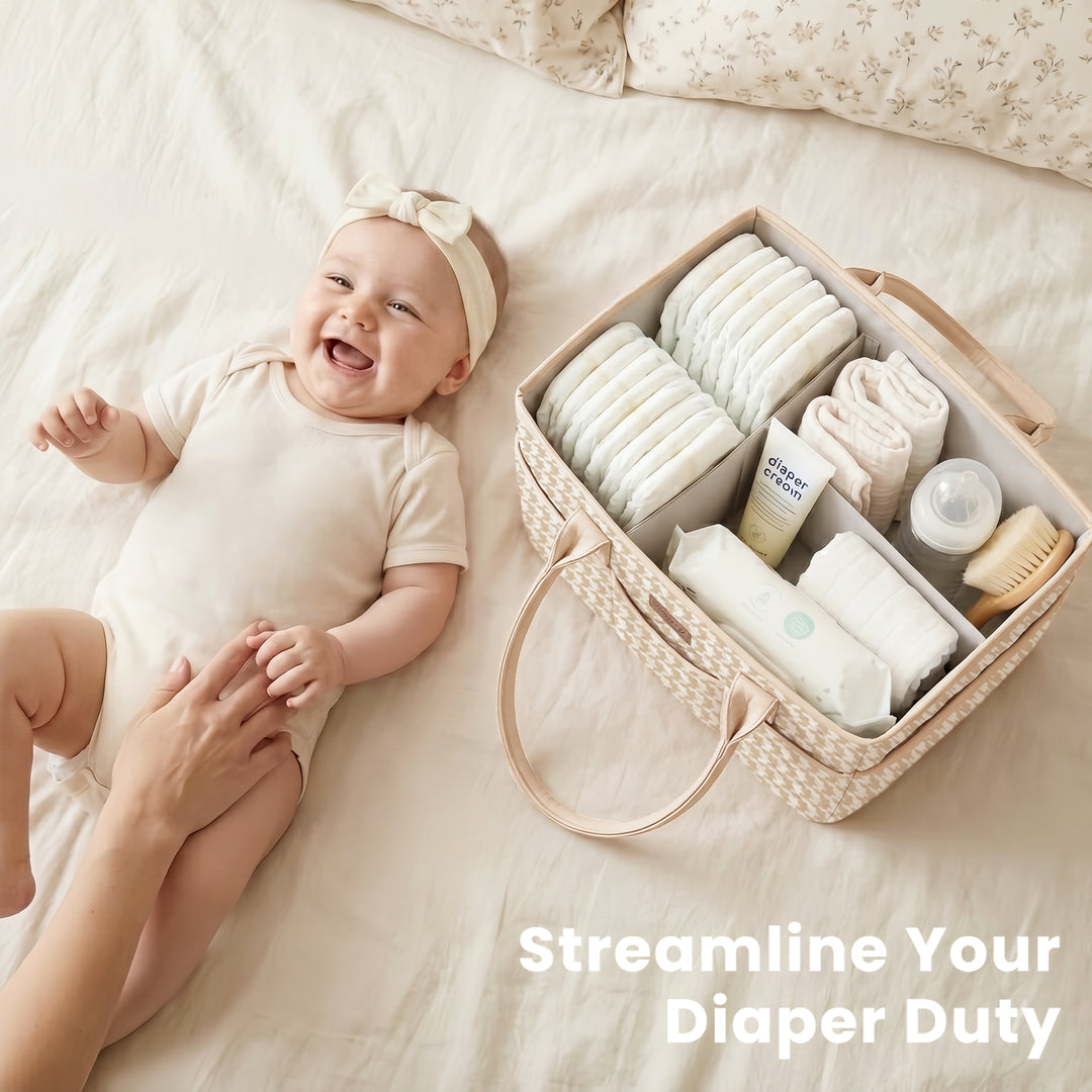 Konssy Quilted Diaper Caddy Organizer, Diaper Caddy Basket with Vegan Leather Handles, Water-Repellent Nursery Storage Basket, Portable Car Organizer, Registry Search Must Haves
