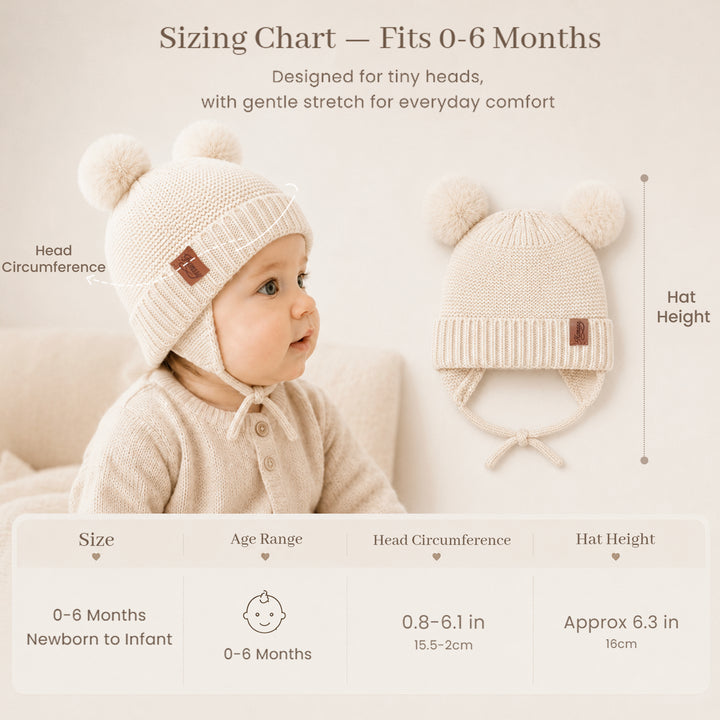 Konssy 2 Pack Baby Beanie Hat with Ear Flaps, Newborn Winter Hat 0-6 Months/60% Soft Cotton Lining to Help Retain Warmth, Secure Tie Closure, Comfy Double Pom-Pom Knit Winter Hat for Baby Boys Girls