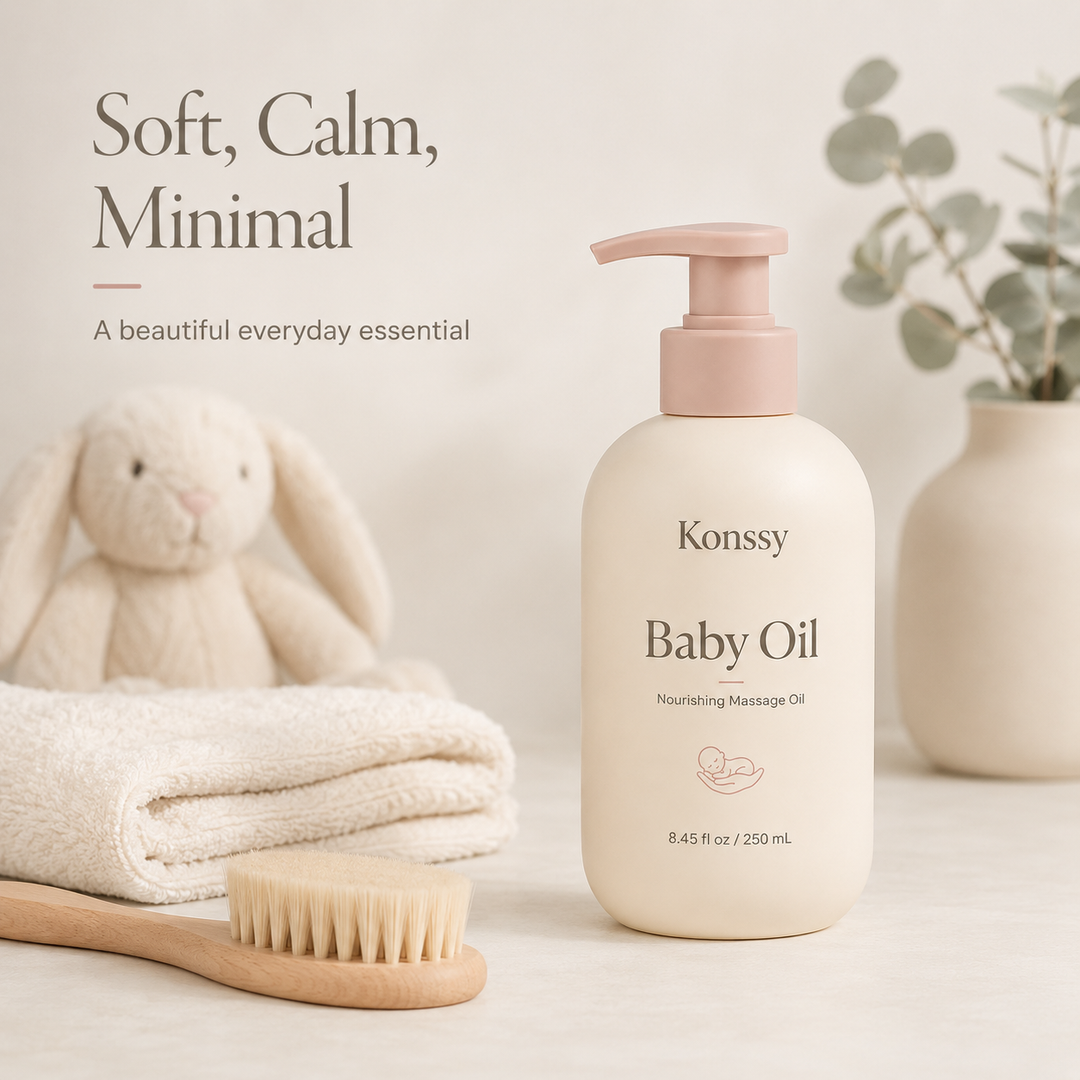 Konssy Baby Oil for Moisturizing and Massage, Lightweight Nourishing Massage Oil with Easy Pump, Daily Baby Skin Care Oil