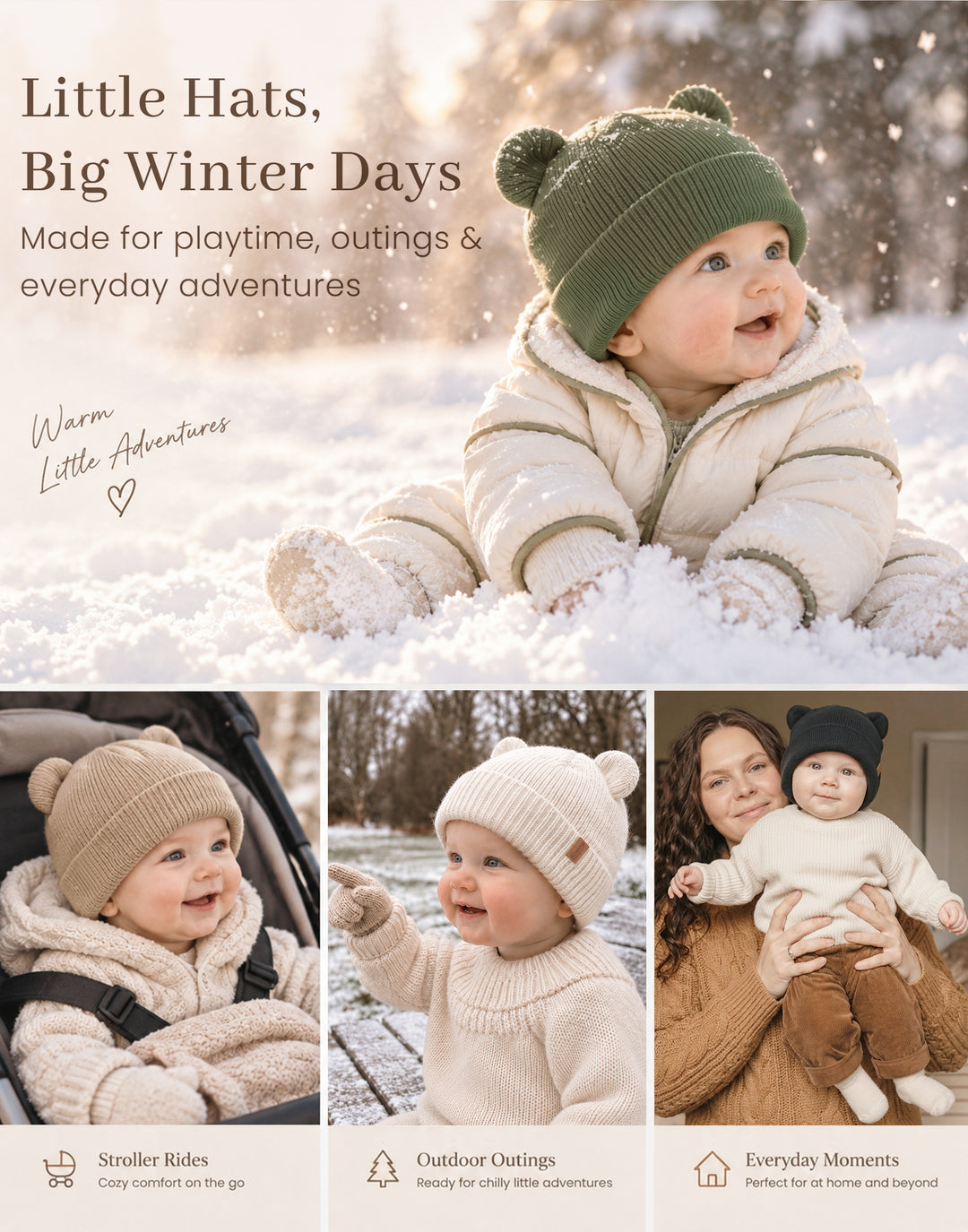 Konssy 4 Pack Baby Beanie with Bear Ear Warm Winter Hat for Newborn Infant Cozy Double-Layer Knitted Warm Cap, Extra-Soft Stretch Beanies, Multicolor Set, Baby Winter Hat for Boys and Girls 0-6 Months