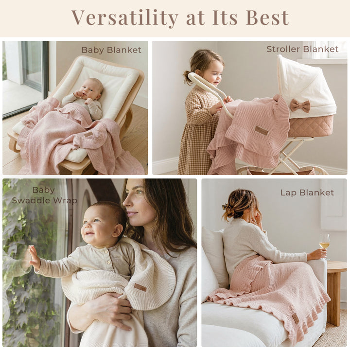 Konssy Knit Baby Blanket with Ruffle Edge, Ultra-Soft Receiving Baby Blankets for Girl