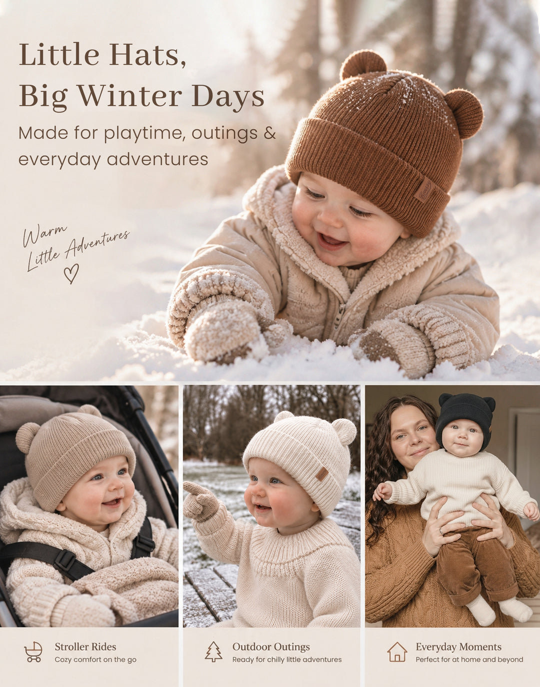 Konssy 4 Pack Baby Beanie with Bear Ear Warm Winter Hat for Newborn Infant Cozy Double-Layer Knitted Warm Cap, Extra-Soft Stretch Beanies, Multicolor Set, Baby Winter Hat for Boys and Girls 0-6 Months