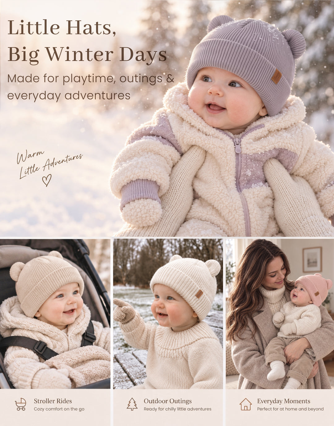 Konssy 4 Pack Baby Beanie with Bear Ear Warm Winter Hat for Newborn Infant Cozy Double-Layer Knitted Warm Cap, Extra-Soft Stretch Beanies, Multicolor Set, Baby Winter Hat for Boys and Girls 0-6 Months