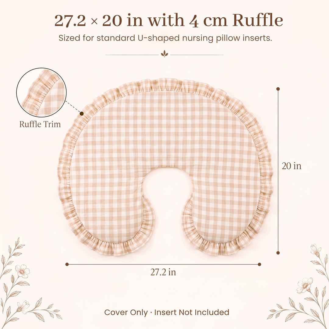 Konssy 100% Muslin Cotton Soft Nursing Pillow Covers with Ruffle Trim Covers Only, Breathable & Machine Washable Slipcover, Baby Breastfeeding Pillow Cover for Newborn Boys & Girls, in gift box