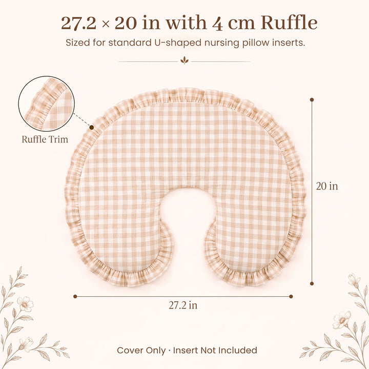 Konssy 100% Muslin Cotton Soft Nursing Pillow Covers with Ruffle Trim Covers Only, Breathable & Machine Washable Slipcover, Baby Breastfeeding Pillow Cover for Newborn Boys & Girls, in gift box