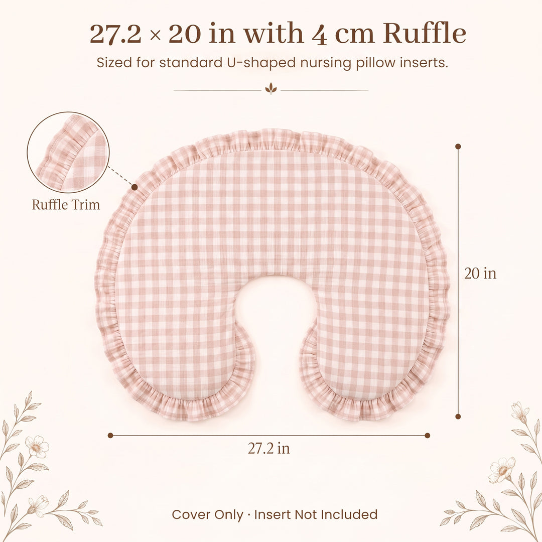 Konssy 100% Muslin Cotton Soft Nursing Pillow Covers with Ruffle Trim Covers Only, Breathable & Machine Washable Slipcover, Baby Breastfeeding Pillow Cover for Newborn Boys & Girls, in gift box