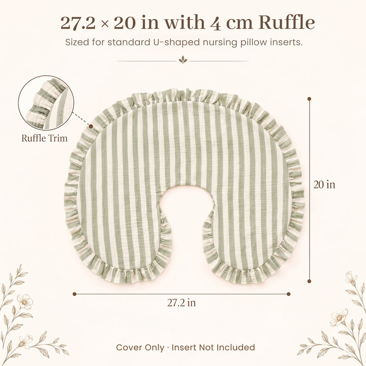 Konssy 100% Muslin Cotton Soft Nursing Pillow Covers with Ruffle Trim Covers Only, Breathable & Machine Washable Slipcover, Baby Breastfeeding Pillow Cover for Newborn Boys & Girls, in gift box