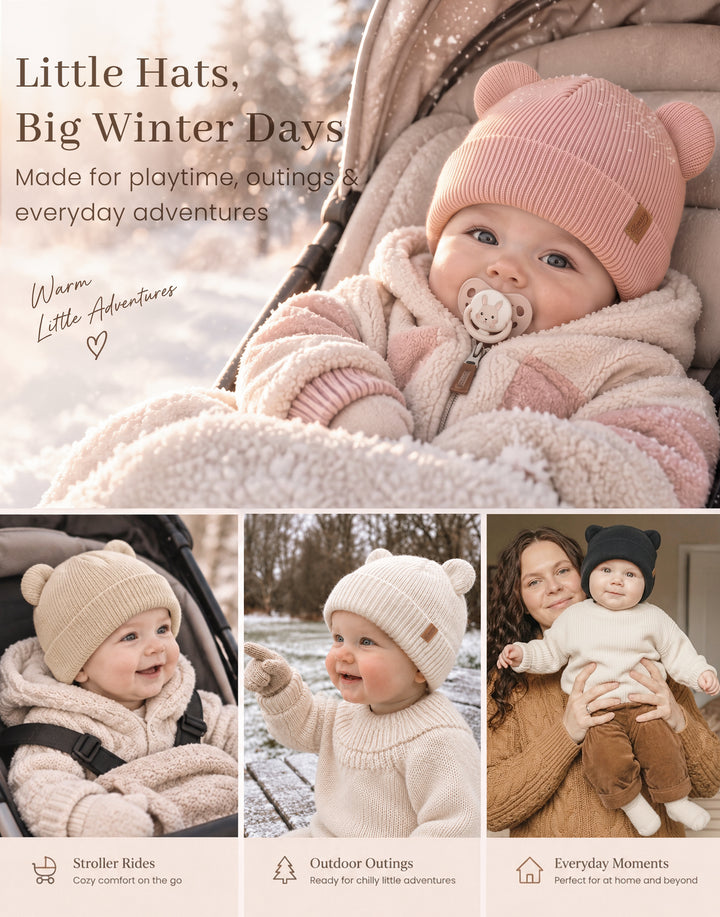Konssy 4 Pack Baby Beanie with Bear Ear Warm Winter Hat for Newborn Infant Cozy Double-Layer Knitted Warm Cap, Extra-Soft Stretch Beanies, Multicolor Set, Baby Winter Hat for Boys and Girls 0-6 Months