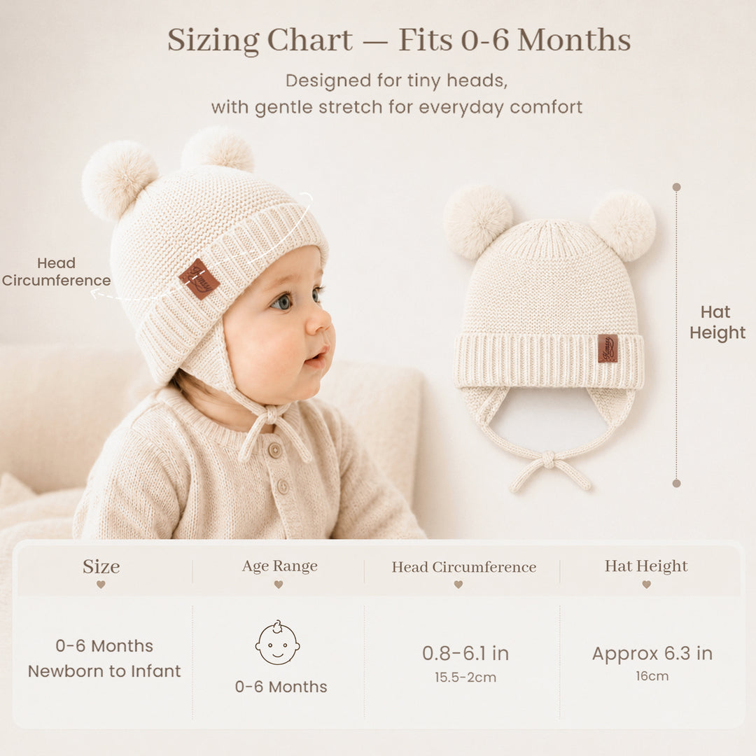 Konssy 2 Pack Baby Beanie Hat with Ear Flaps, Newborn Winter Hat 0-6 Months/60% Soft Cotton Lining to Help Retain Warmth, Secure Tie Closure, Comfy Double Pom-Pom Knit Winter Hat for Baby Boys Girls