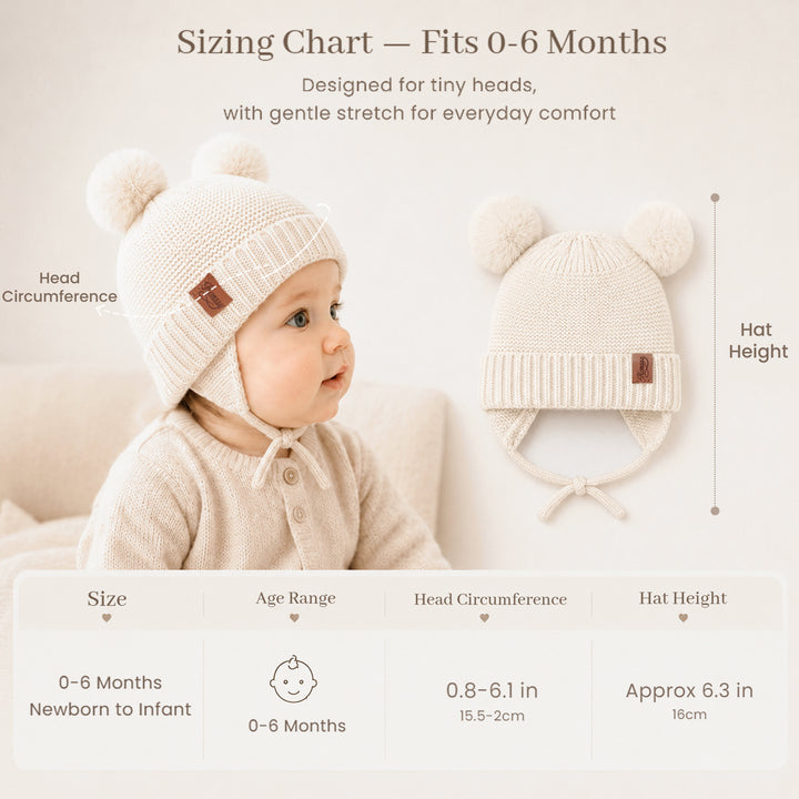 Konssy 2 Pack Baby Beanie Hat with Ear Flaps, Newborn Winter Hat 0-6 Months/60% Soft Cotton Lining to Help Retain Warmth, Secure Tie Closure, Comfy Double Pom-Pom Knit Winter Hat for Baby Boys Girls