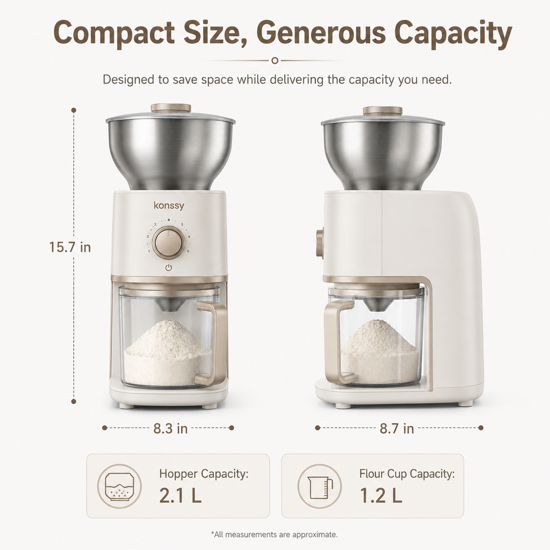 Konssy Electric Grain Mill Grinder, 6-Level Adjustable Flour Mill with Stainless Steel Hopper