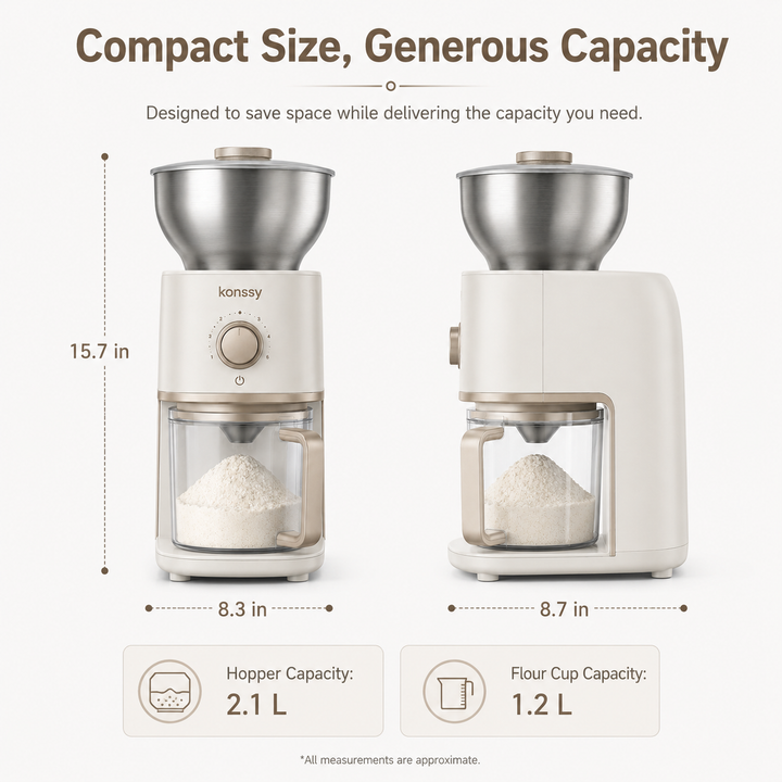 Konssy Electric Grain Mill Grinder, 6-Level Adjustable Flour Mill with Stainless Steel Hopper