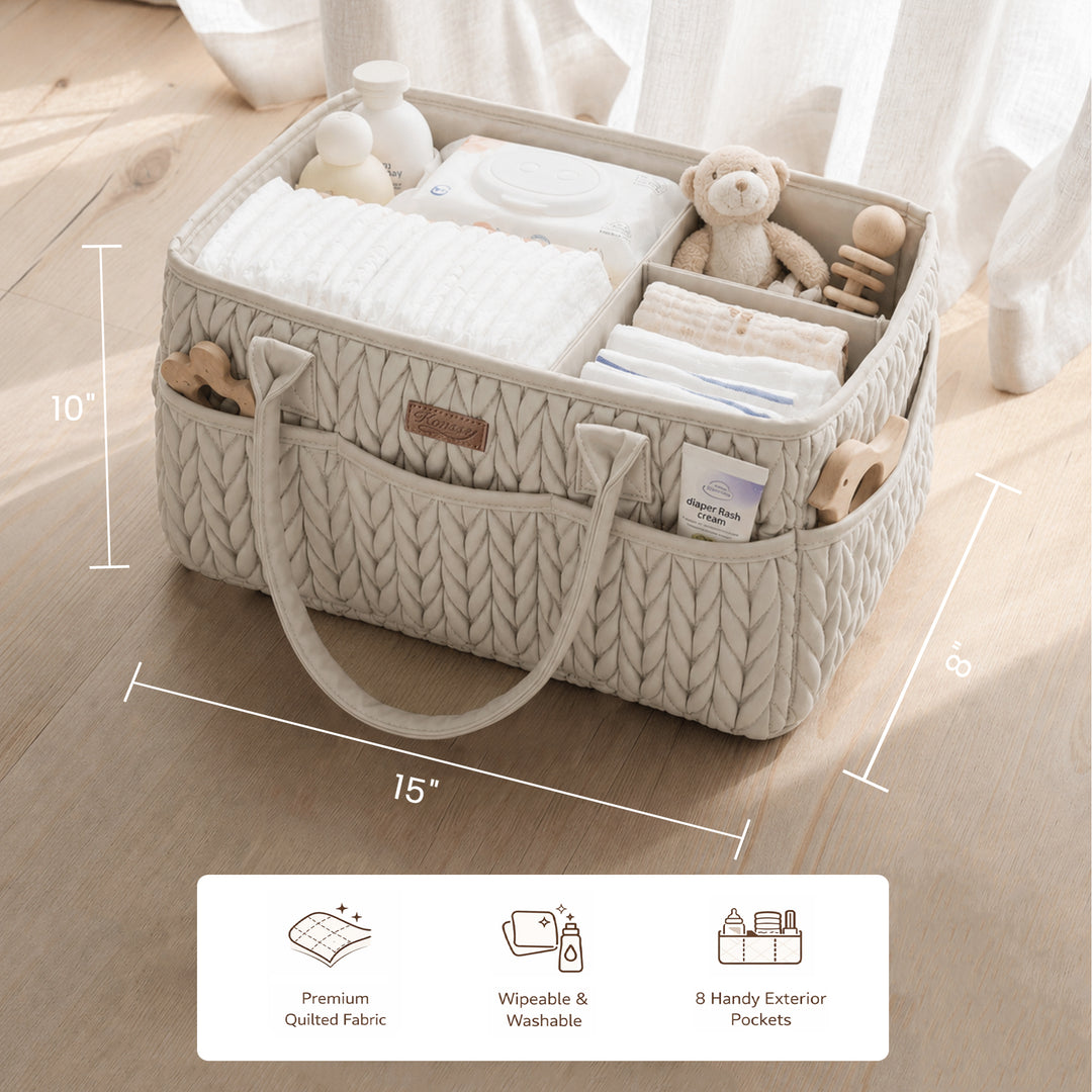 Konssy Baby Diaper Caddy Organizer, Braided Quilted Design with PU Handles | Water-Repellent, Portable Diaper Caddy Basket, Boho Nursery Organizer for Changing Table, Newborn Essentials