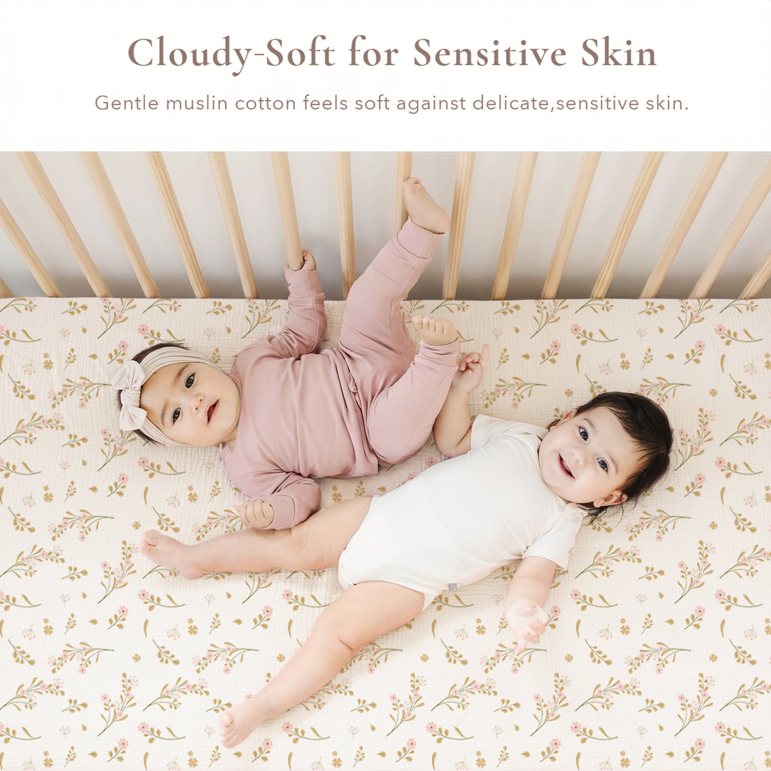 Konssy Muslin Crib Sheets for Girl Boy, 2 PCS Soft and Breathable Cotton Baby Sheets for Standard Crib Mattress, 52"x 28" (Floral, Pink)