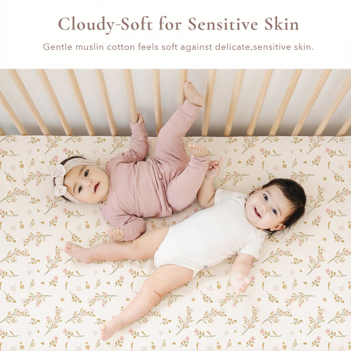 Konssy Muslin Crib Sheets for Girl Boy, 2 PCS Soft and Breathable Cotton Baby Sheets for Standard Crib Mattress, 52"x 28" (Floral, Pink)