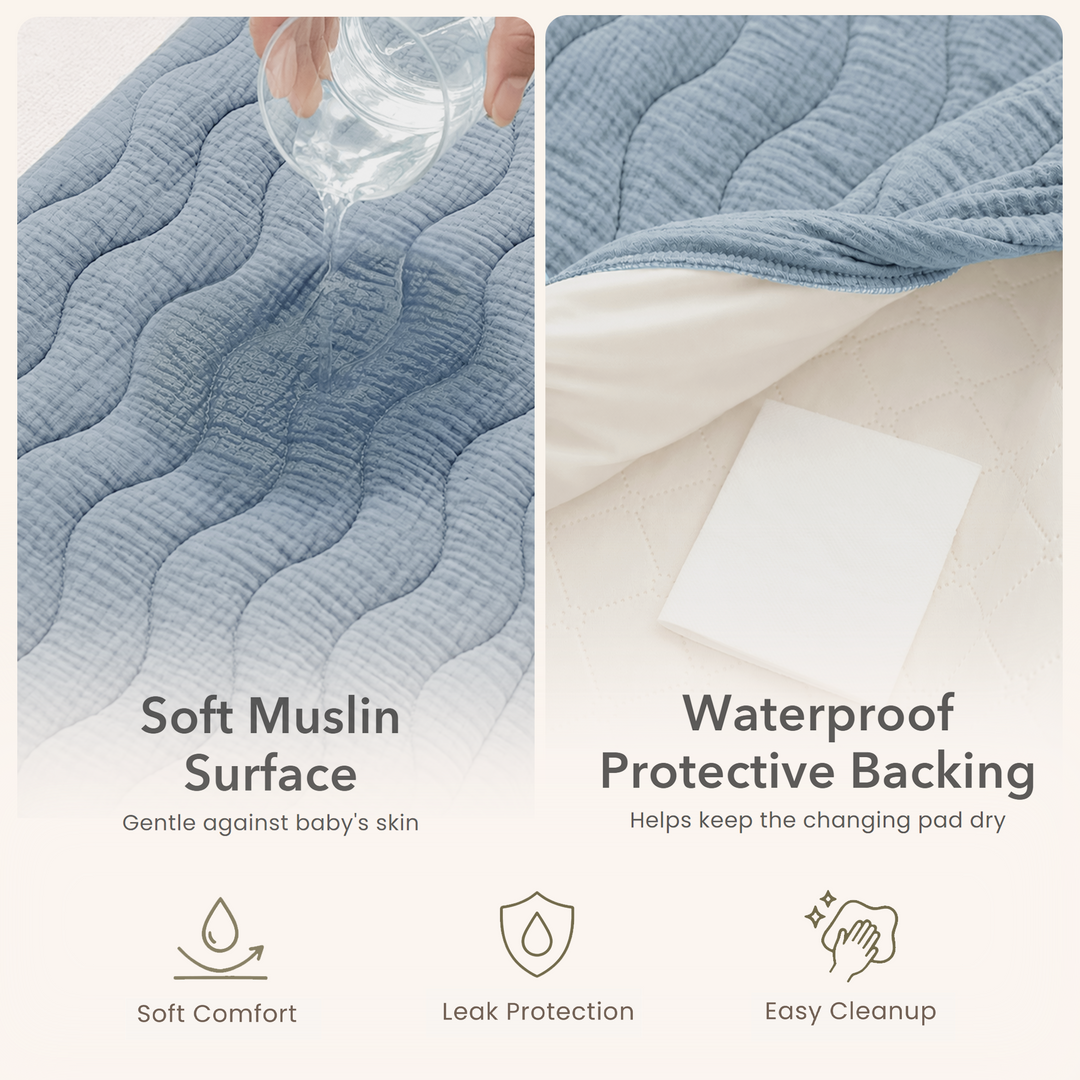 Konssy Waterproof Muslin Changing Pad Cover 2 Pack, 100% Cotton Quilted Diaper Changing Table Sheets, Soft Breathable Boho Nursery Bedding for Baby, Silent & Absorbent Standard Fit