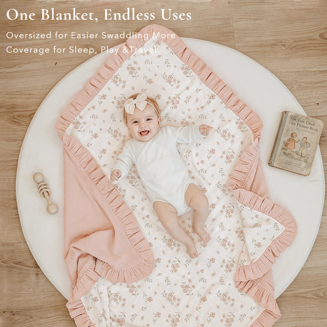 Konssy Flounce Muslin Baby Blanket for Girls Boys 47 x 47 Inches, 100% Cotton Soft Crib Swaddle Blankets, Reversible & Breathable Nursery Bedding for Newborns Toddlers (Blossom)
