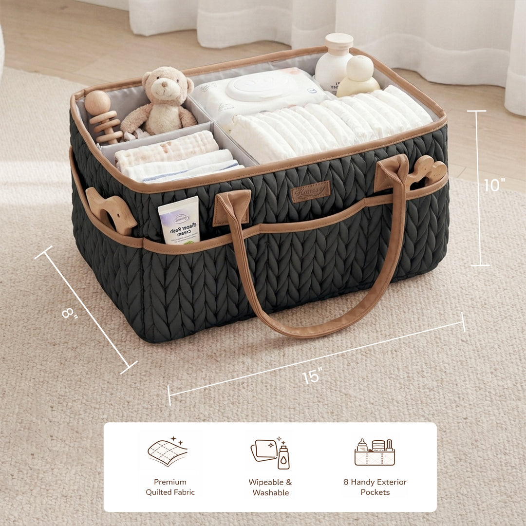 Konssy Baby Diaper Caddy Organizer, Braided Quilted Design with PU Handles | Water-Repellent, Portable Diaper Caddy Basket, Boho Nursery Organizer for Changing Table, Newborn Essentials
