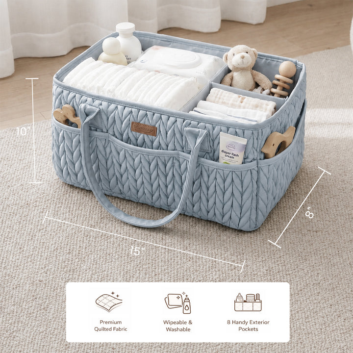 Konssy Baby Diaper Caddy Organizer, Braided Quilted Design with PU Handles | Water-Repellent, Portable Diaper Caddy Basket, Boho Nursery Organizer for Changing Table, Newborn Essentials