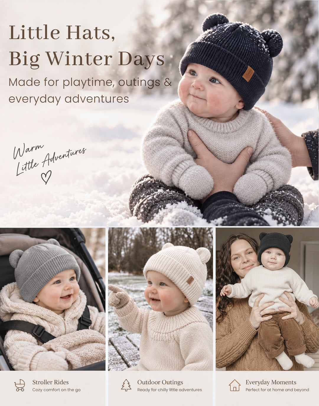 Konssy 4 Pack Baby Beanie with Bear Ear Warm Winter Hat for Newborn Infant Cozy Double-Layer Knitted Warm Cap, Extra-Soft Stretch Beanies, Multicolor Set, Baby Winter Hat for Boys and Girls 0-6 Months
