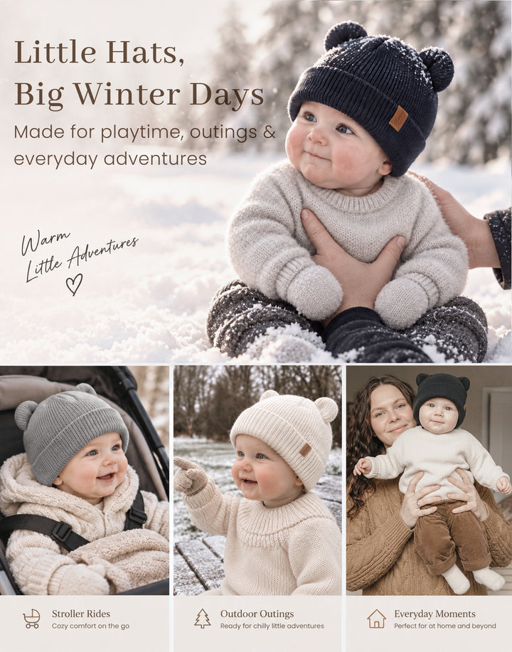 Konssy 4 Pack Baby Beanie with Bear Ear Warm Winter Hat for Newborn Infant Cozy Double-Layer Knitted Warm Cap, Extra-Soft Stretch Beanies, Multicolor Set, Baby Winter Hat for Boys and Girls 0-6 Months
