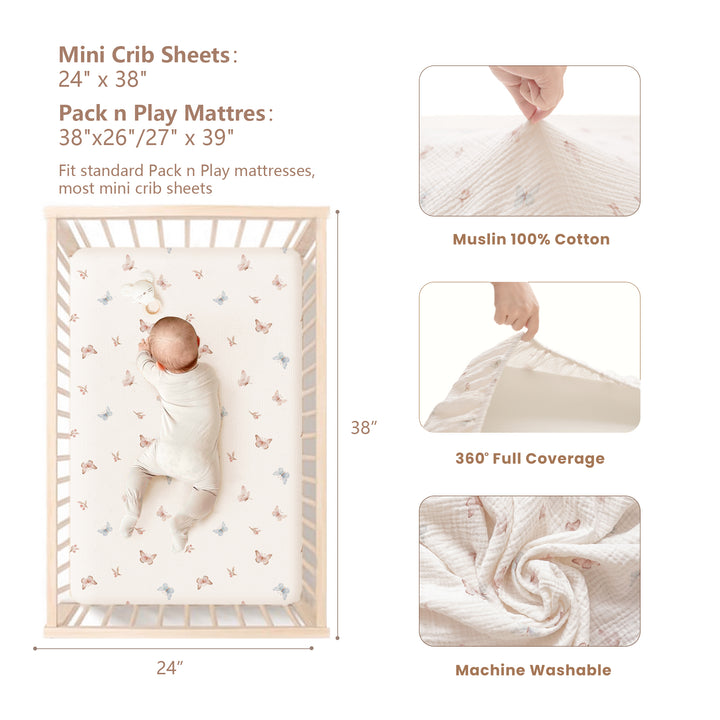 Konssy Muslin Crib Sheets for Girl Boy, 2 PCS Soft and Breathable Cotton Baby Sheets for Standard Crib Mattress, 38"x 24"