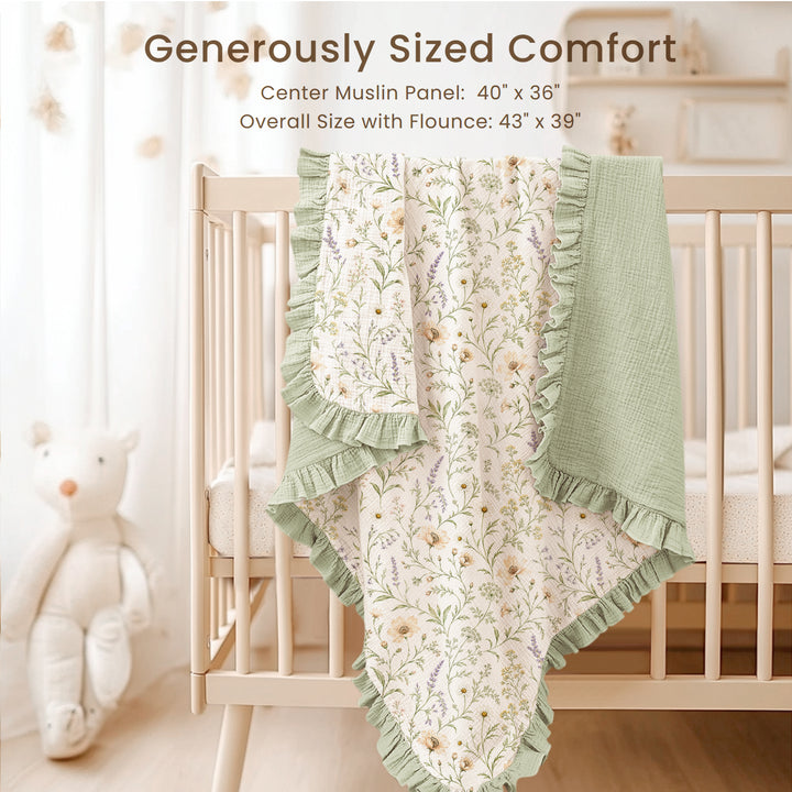 Konssy 100% Cotton Muslin Baby Blanket with Ruffle Trim for Girls, 43"x39" Reversible Design, Ultra Soft & Lightweight, for Swaddling, Crib, Stroller & Nursery Use, from Newborn to Toddler