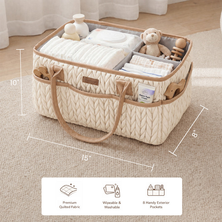 Konssy Baby Diaper Caddy Organizer, Braided Quilted Design with PU Handles | Water-Repellent, Portable Diaper Caddy Basket, Boho Nursery Organizer for Changing Table, Newborn Essentials