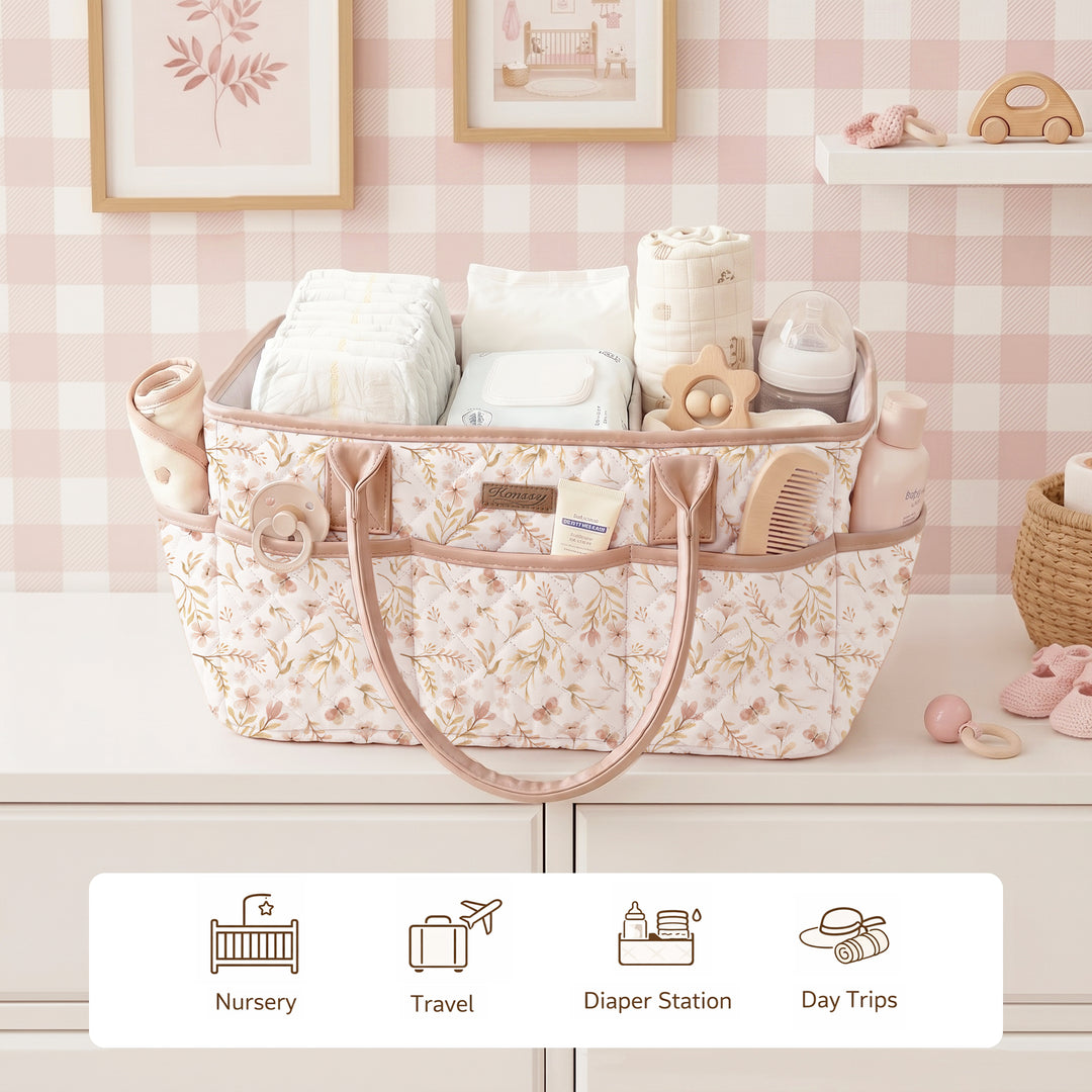 Konssy Quilted Diaper Caddy Organizer, Diaper Caddy Basket with Vegan Leather Handles, Water-Repellent Nursery Storage Basket, Portable Car Organizer, Registry Search Must Haves